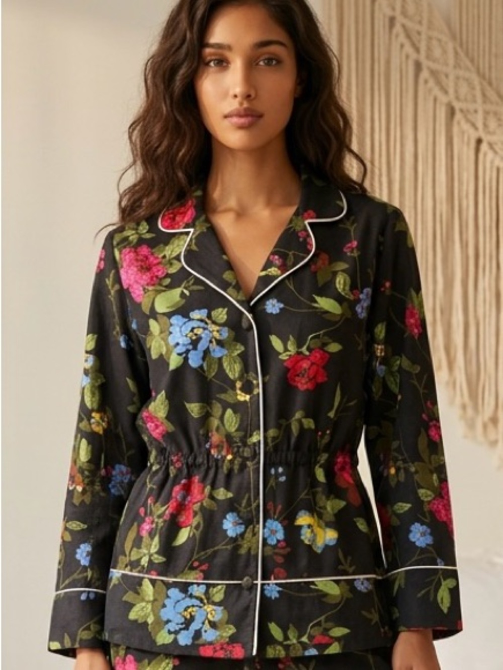 PAM & GELA Black Floral Pajama Shirt 100% Lyocell Satin Loungewear Top
